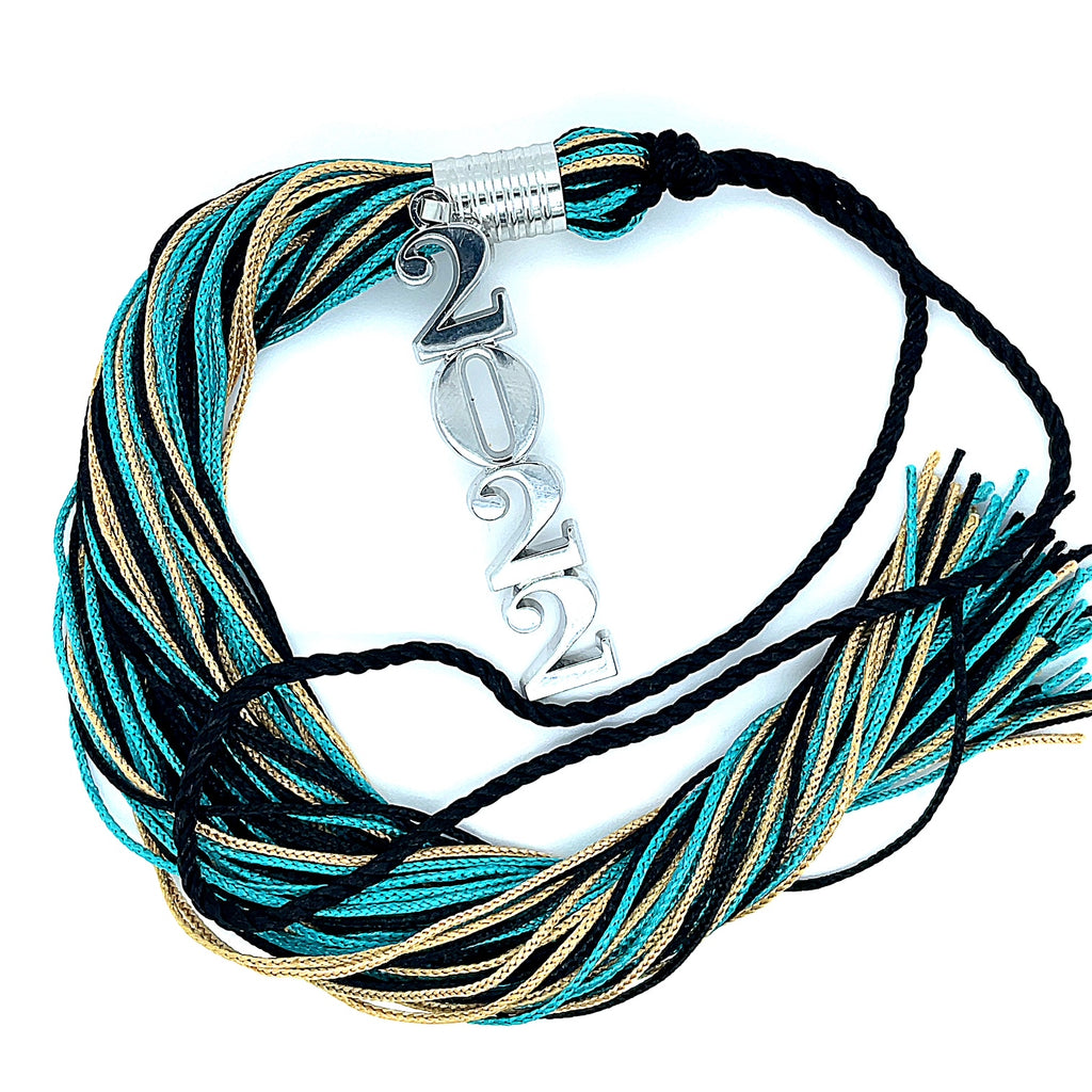Stacked Souvenir Tassel - Black, Old Gold and Teal - Silver Drop Date