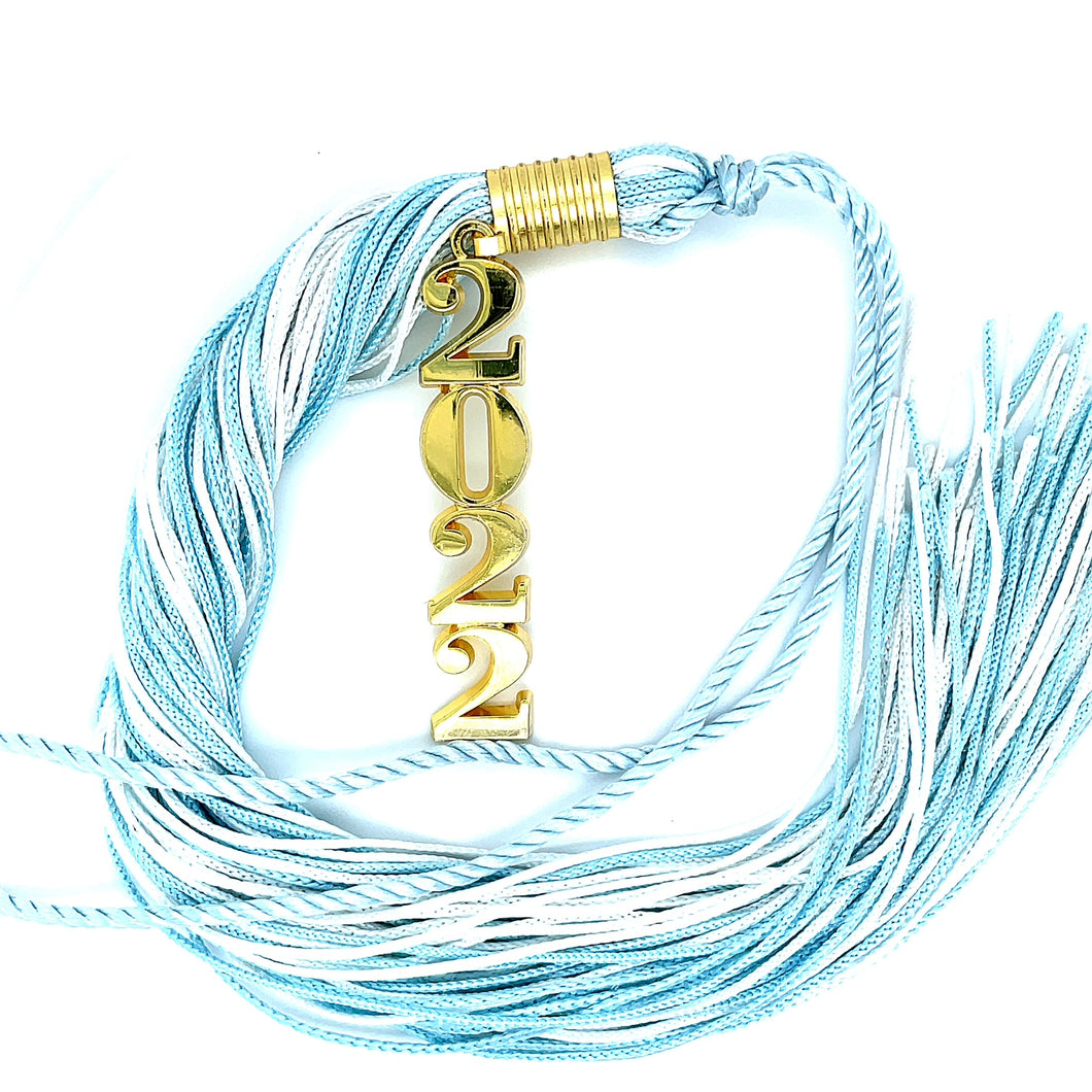 Stacked Silver Souvenir Tassel - Columbia Blue and White
