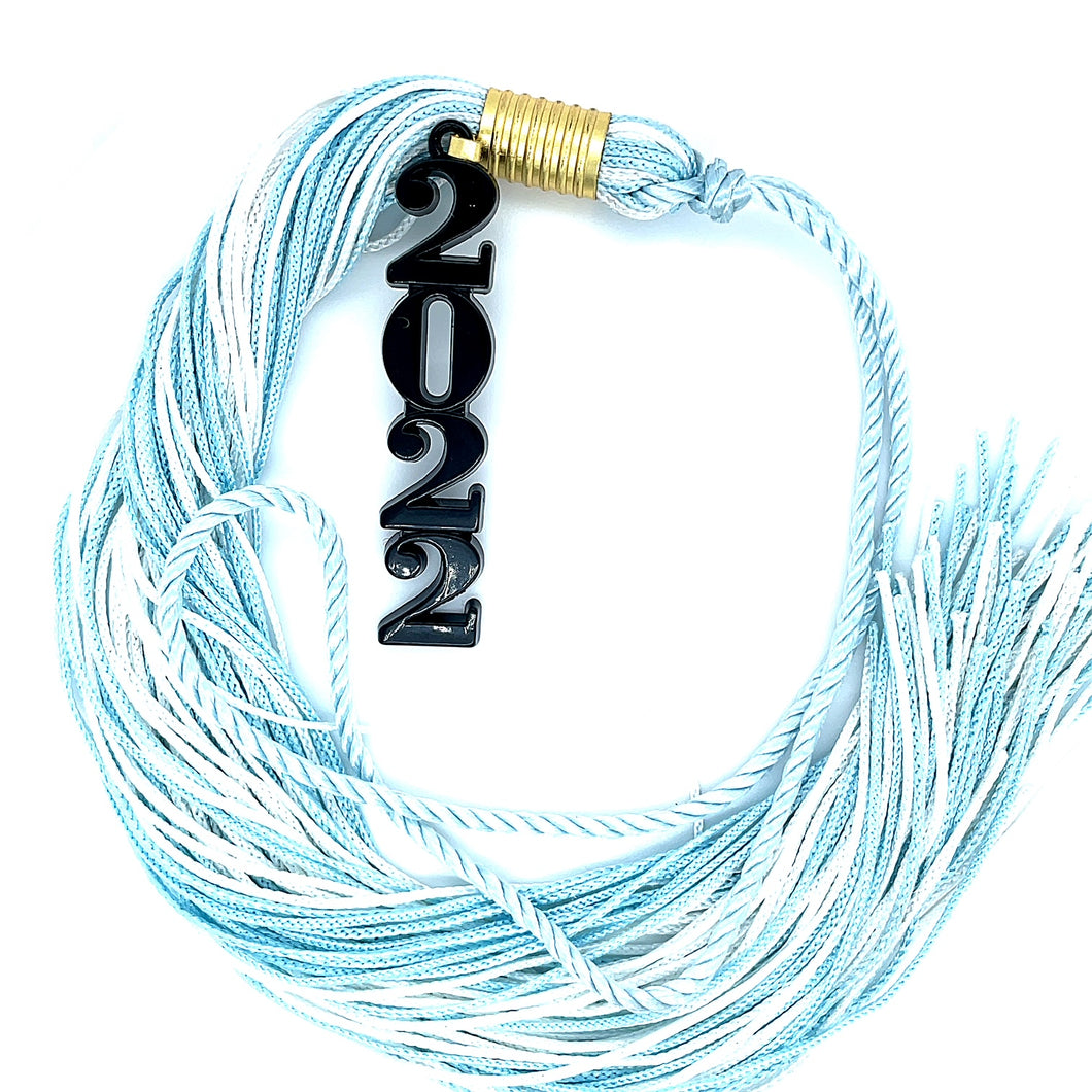Stacked Black Souvenir Tassel - Columbia Blue and White