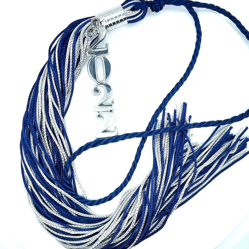 Stacked Souvenir Tassel - Blue and Grey - Silver Drop Date