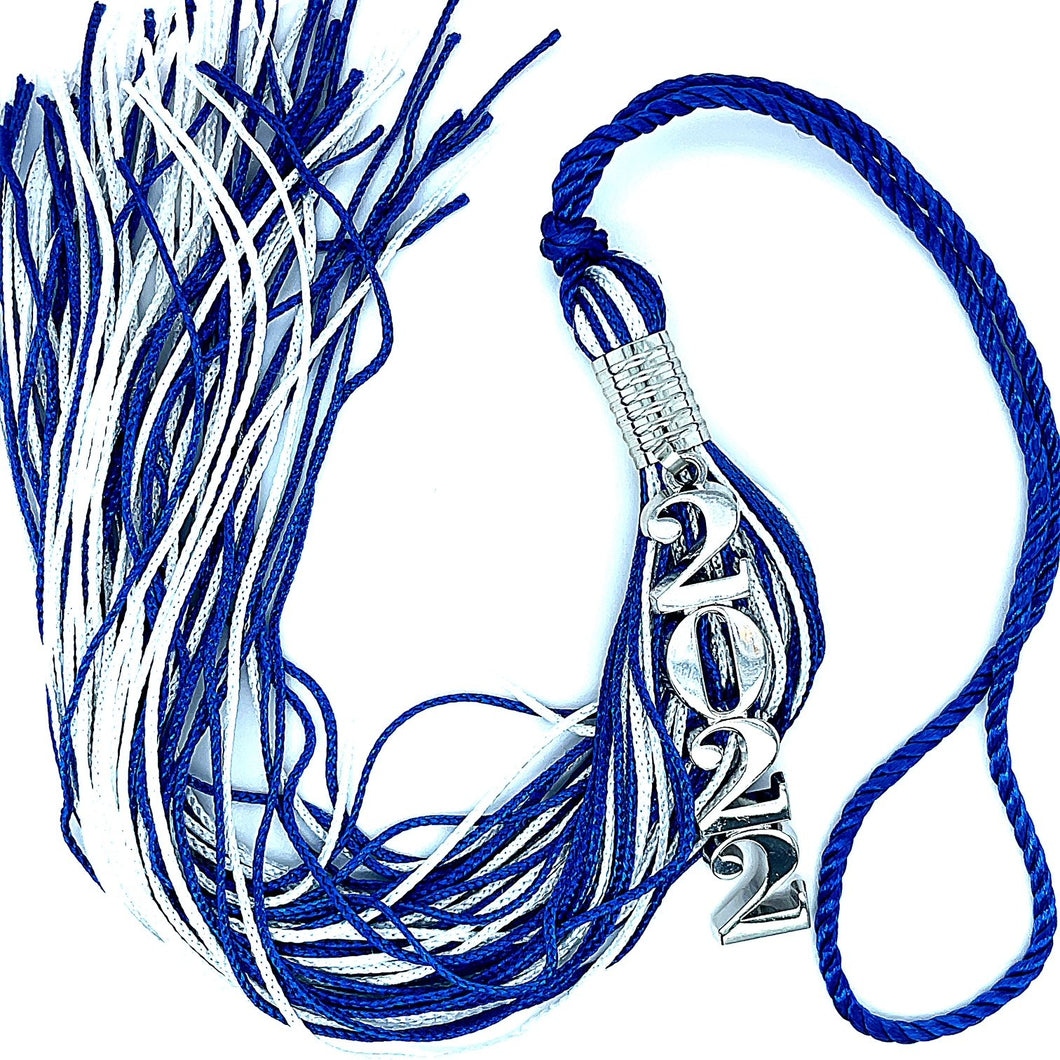 Stacked Souvenir Tassel - Blue and White - Silver Drop Date