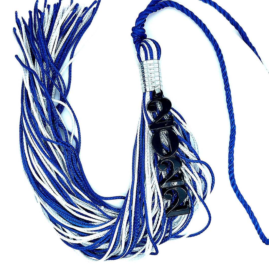 Stacked Souvenir Tassel - Blue and White - Black Drop Date